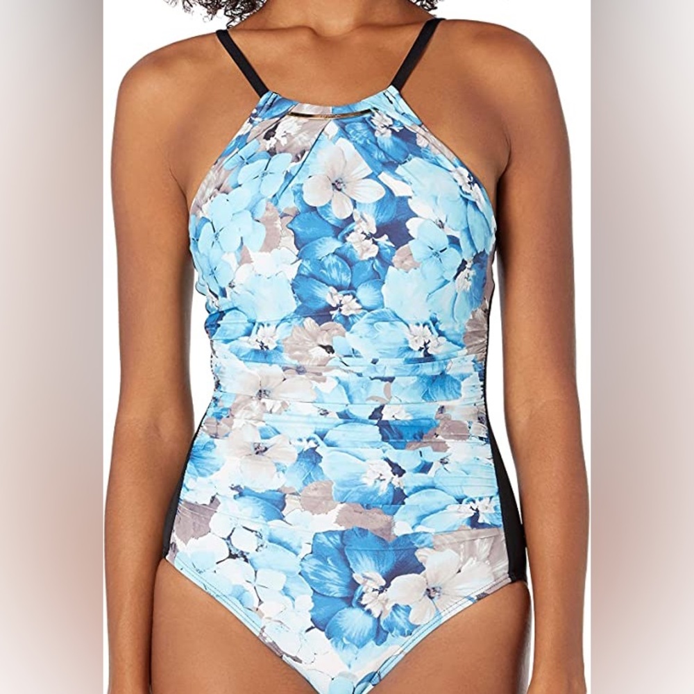 CALVIN KLEIN modest women’s one piece high neck ruched tummy swimsuit size 12